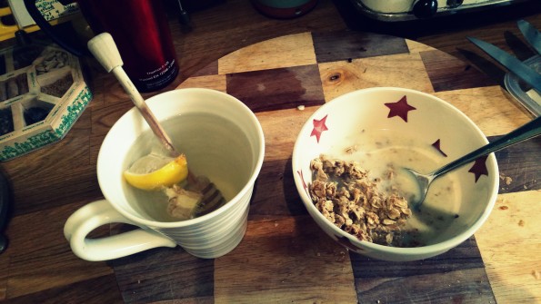 BREAKFAST: Granola with organic semi skimmed milk and a hot lemon, honey and ginger