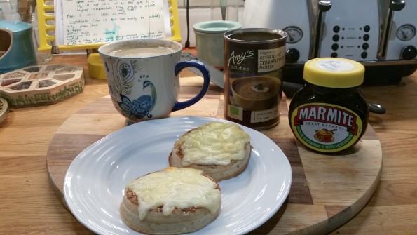 DINNER: Amy's Kitchen Organic Mushroom Soup with Cheese and Marmite Crumpets