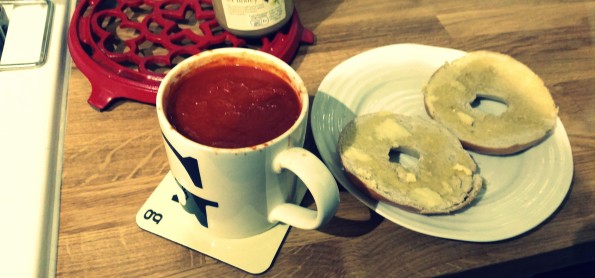 Amy's Kitchen Organics tomato soup and a buttered bagel