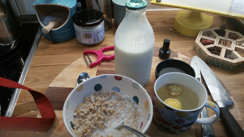 BREAKFAST: Granola with semi skimmed organic milk, and fresh lemon honey and ginger